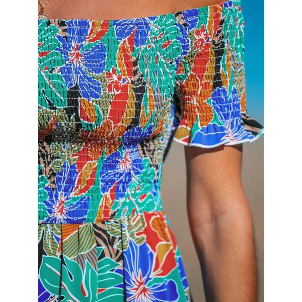 imageCUPSHE Womens Off The Shoulder Tropical Paisley Smocked Short Sleeve Ruffled Beach Summer Maxi DressBlue Floral