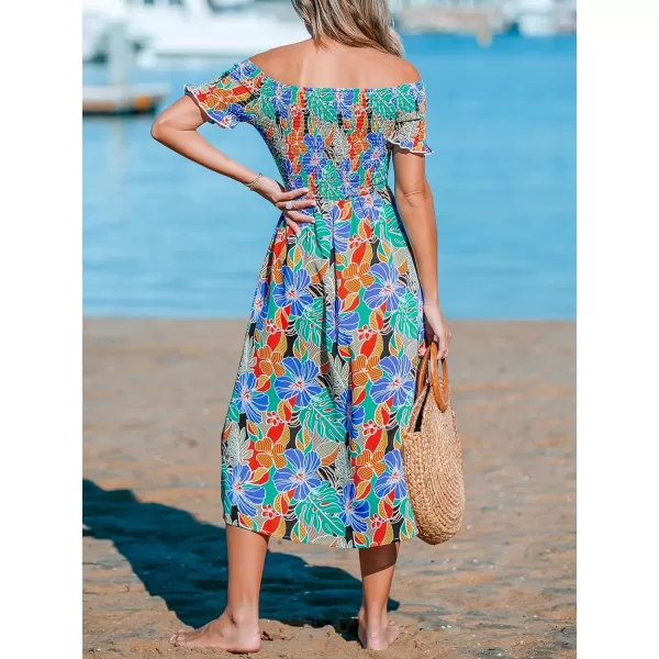 imageCUPSHE Womens Off The Shoulder Tropical Paisley Smocked Short Sleeve Ruffled Beach Summer Maxi DressBlue Floral