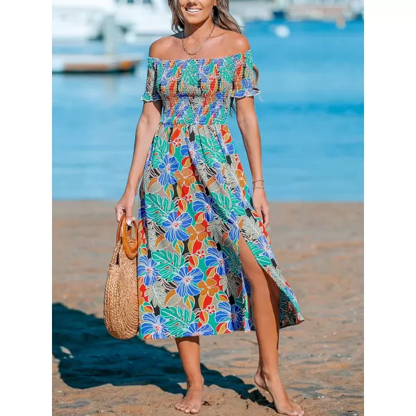 imageCUPSHE Womens Off The Shoulder Tropical Paisley Smocked Short Sleeve Ruffled Beach Summer Maxi DressBlue Floral