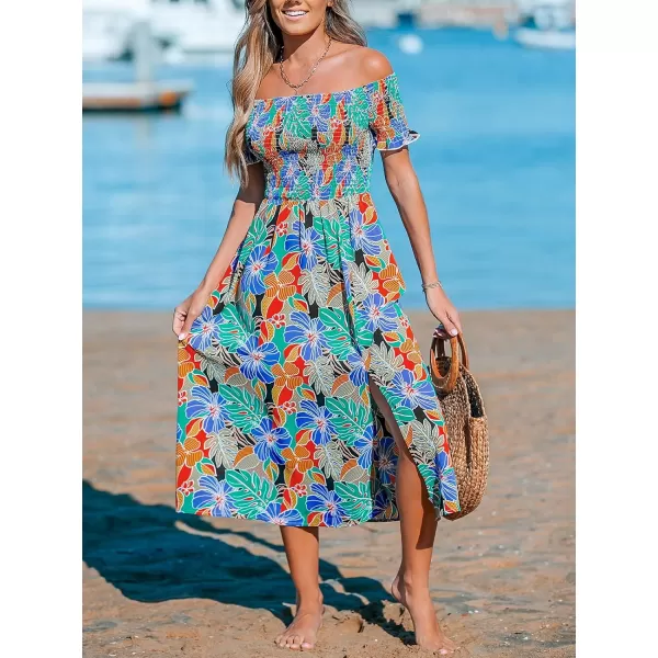 imageCUPSHE Womens Off The Shoulder Tropical Paisley Smocked Short Sleeve Ruffled Beach Summer Maxi DressBlue Floral