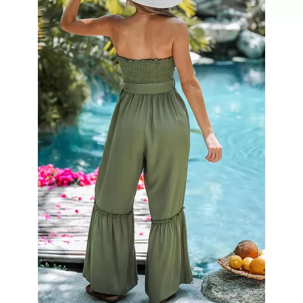 imageCUPSHE Womens Olive Green Jumpsuit Belted Smocked Tube Romper with Ruffled TrimOlive Green