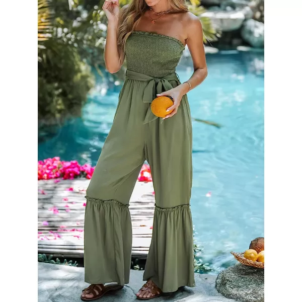 imageCUPSHE Womens Olive Green Jumpsuit Belted Smocked Tube Romper with Ruffled TrimOlive Green