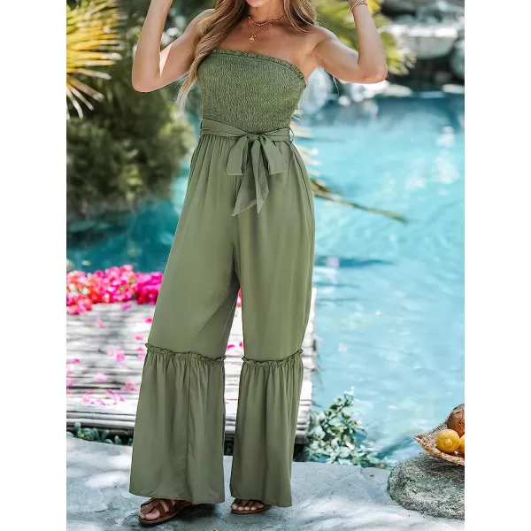 imageCUPSHE Womens Olive Green Jumpsuit Belted Smocked Tube Romper with Ruffled TrimOlive Green