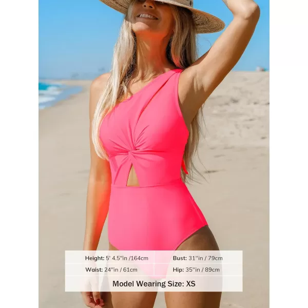 imageCUPSHE Womens One Piece Bathing Suit One Shoulder Twist Cutout Back Tie Asymmetrical SwimsuitNeon Pink