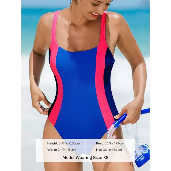 imageCUPSHE Womens One Piece Bathing Suit Scoop Neck Adjustable Straps Color Block Swimsuit SlimmingBlue Pink