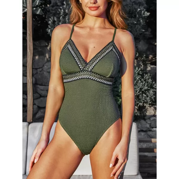 imageCUPSHE Womens One Piece Bathing Suit V Neck Adjustable Back Cutout ORing Texture RibbedDark Moss Green