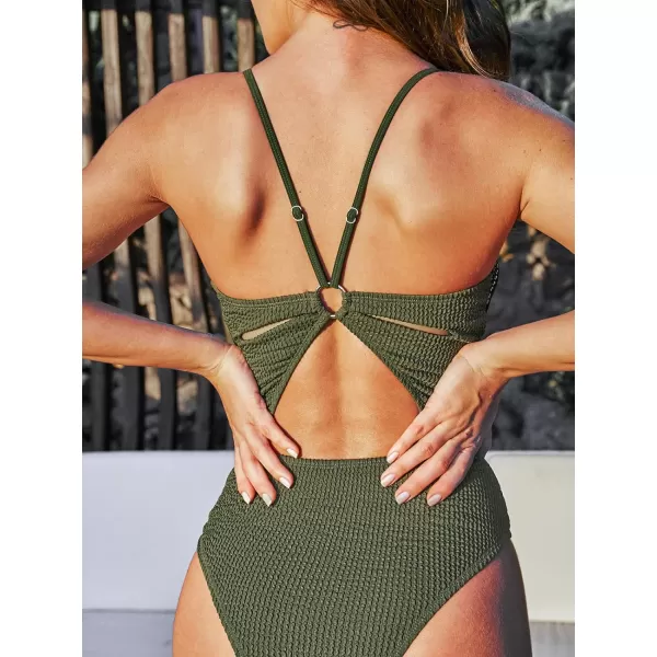 imageCUPSHE Womens One Piece Bathing Suit V Neck Adjustable Back Cutout ORing Texture RibbedDark Moss Green