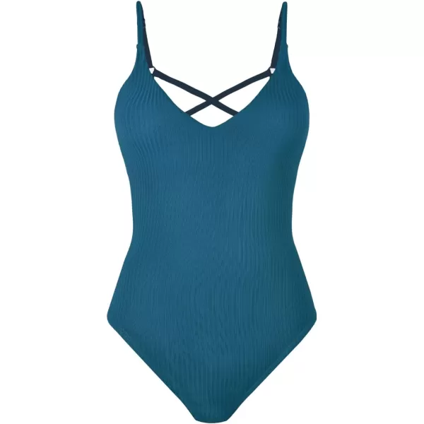 imageCUPSHE Womens One Piece Bathing Suits Swimsuits Adjustable Straps V Neck Cutout Crisscross BackNavy Blue