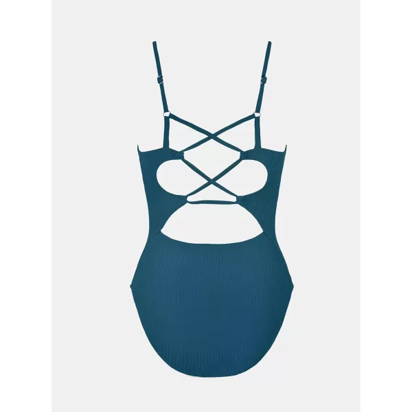 imageCUPSHE Womens One Piece Bathing Suits Swimsuits Adjustable Straps V Neck Cutout Crisscross BackNavy Blue