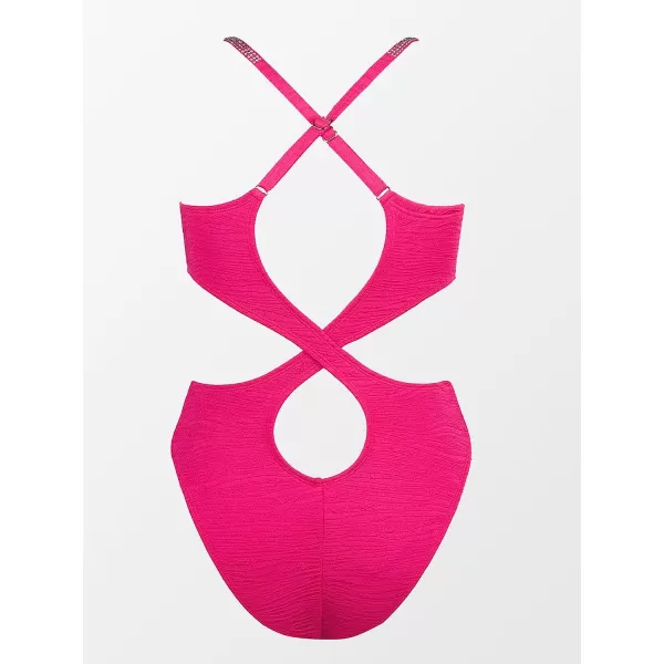 imageCUPSHE Womens One Piece Bathing Suits Swimsuits Cutout Crisscross Back V Neck Textured Fabric Cheeky BottomHot Pink
