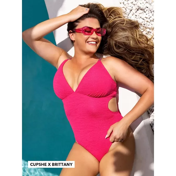 imageCUPSHE Womens One Piece Bathing Suits Swimsuits Cutout Crisscross Back V Neck Textured Fabric Cheeky BottomHot Pink