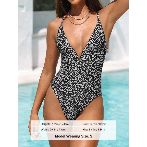 imageCUPSHE Womens One Piece Bathing Suits Swimsuits Deep V Neck Adjustable Straps Crisscross Back CheekyBlackLeopard