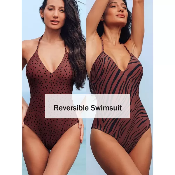 imageCUPSHE Womens One Piece Bathing Suits Swimsuits Halter V Neck Spaghetti Straps Reversible Back Self TieRed Brown