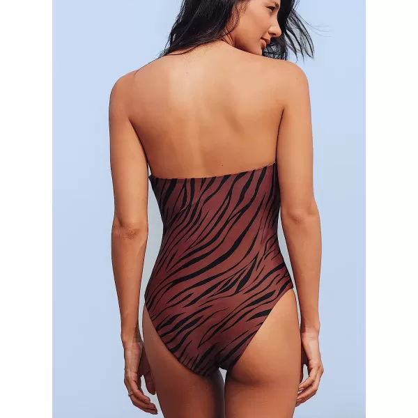 imageCUPSHE Womens One Piece Bathing Suits Swimsuits Halter V Neck Spaghetti Straps Reversible Back Self TieRed Brown