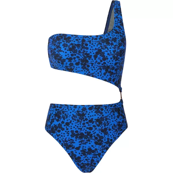 imageCUPSHE Womens One Piece Bathing Suits Swimsuits One Shoulder Cutout Cheeky Bottom O RingBlue Floral