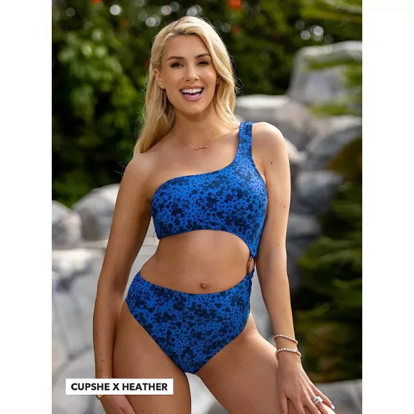 imageCUPSHE Womens One Piece Bathing Suits Swimsuits One Shoulder Cutout Cheeky Bottom O RingBlue Floral