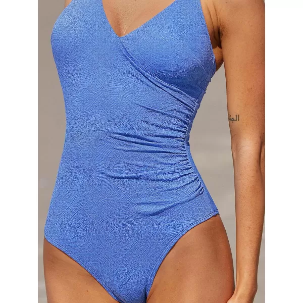 imageCUPSHE Womens One Piece Bathing Suits Swimsuits V Neck Cutout U Back Crisscross Self Tie RuchedDodger Blue