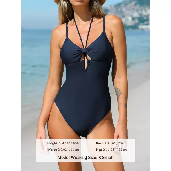 imageCUPSHE Womens One Piece Halter Cutout Swimsuit Tummy ControlDark Blue