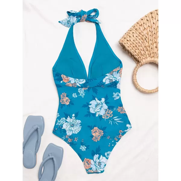 imageCUPSHE Womens One Piece Halter Deep V Neck Swimsuit Tummy ControlBlue