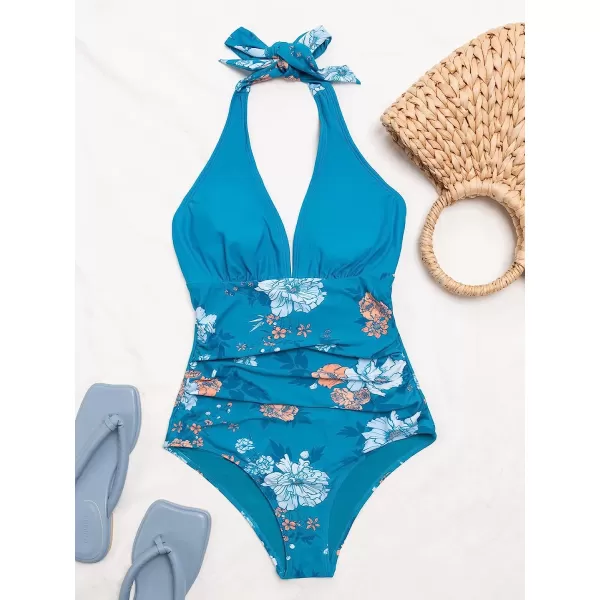 imageCUPSHE Womens One Piece Halter Deep V Neck Swimsuit Tummy ControlBlue