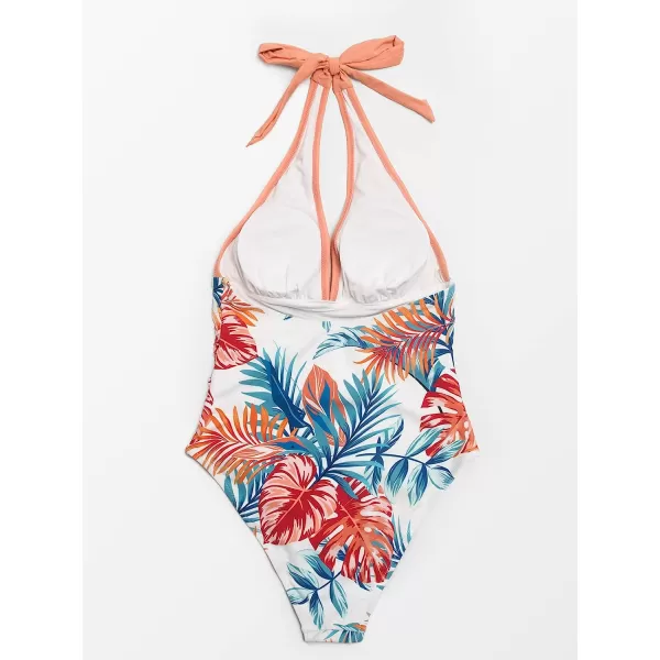 imageCUPSHE Womens One Piece Halter Deep V Neck Swimsuit Tummy ControlCantaloupe