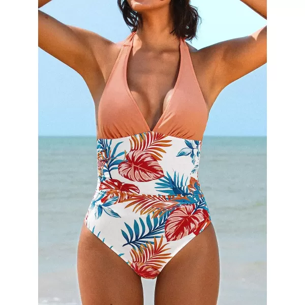 imageCUPSHE Womens One Piece Halter Deep V Neck Swimsuit Tummy ControlCantaloupe