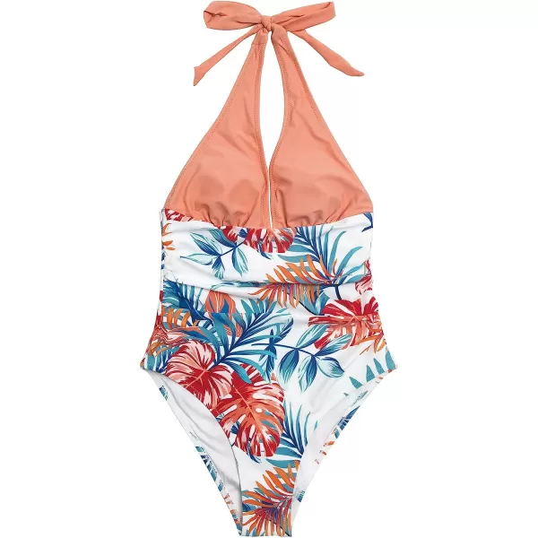 imageCUPSHE Womens One Piece Halter Deep V Neck Swimsuit Tummy ControlCantaloupe