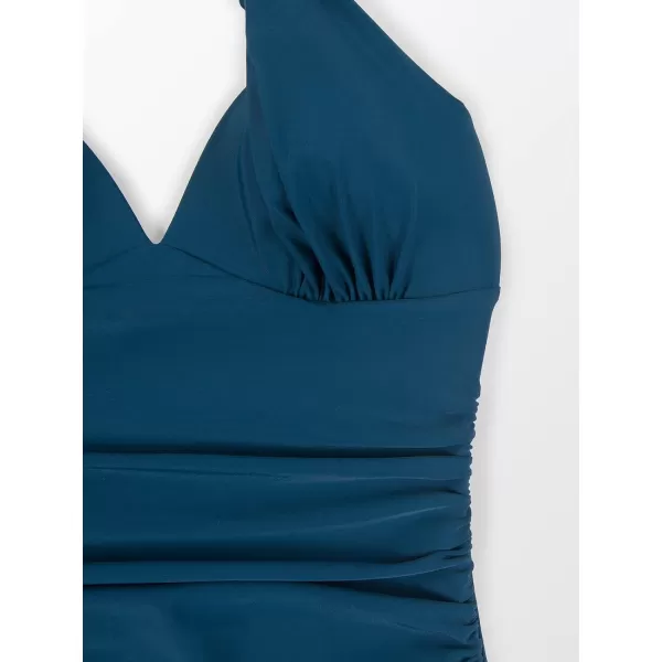 imageCUPSHE Womens One Piece Halter Deep V Neck Swimsuit Tummy ControlDark Blue