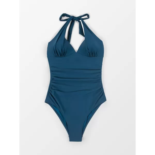 imageCUPSHE Womens One Piece Halter Deep V Neck Swimsuit Tummy ControlDark Blue