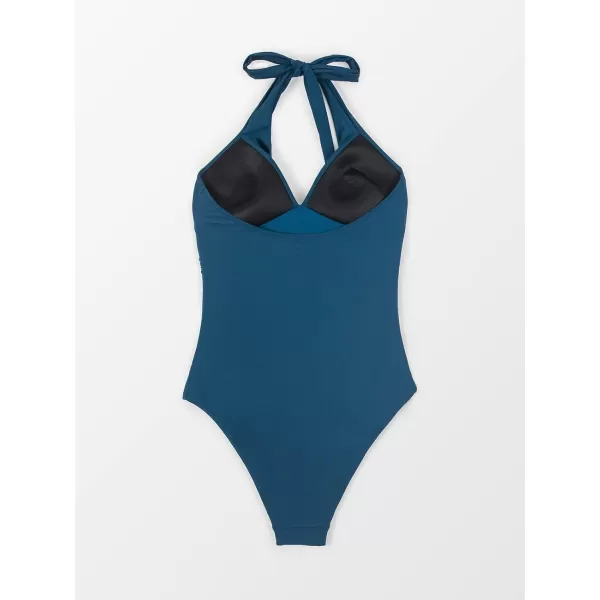 imageCUPSHE Womens One Piece Halter Deep V Neck Swimsuit Tummy ControlDark Blue