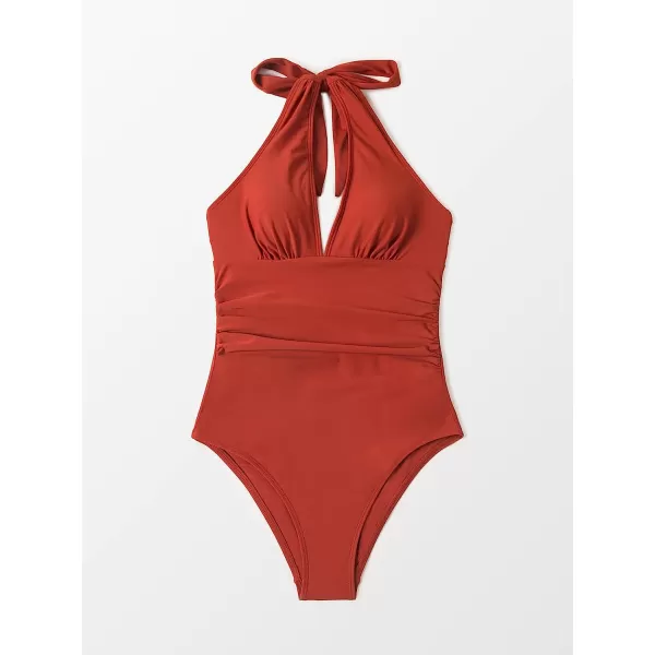 imageCUPSHE Womens One Piece Halter Deep V Neck Swimsuit Tummy ControlRed