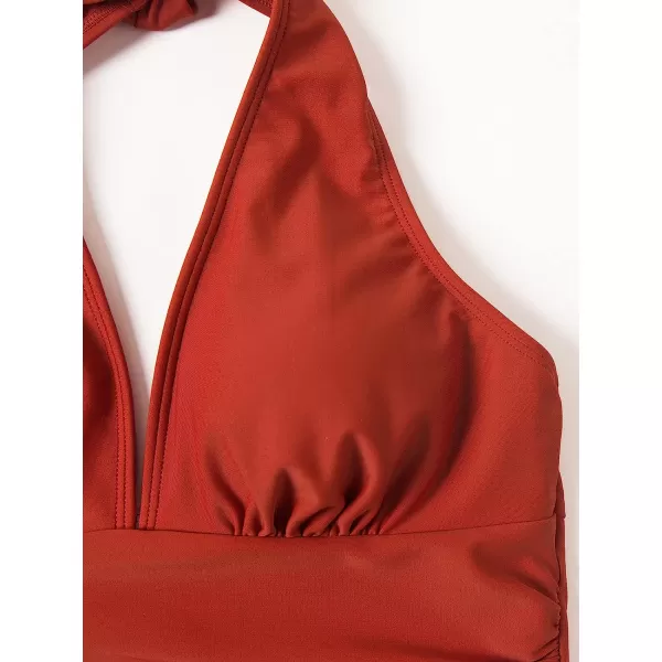 imageCUPSHE Womens One Piece Halter Deep V Neck Swimsuit Tummy ControlRed