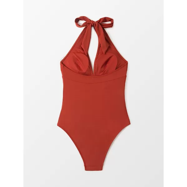 imageCUPSHE Womens One Piece Halter Deep V Neck Swimsuit Tummy ControlRed
