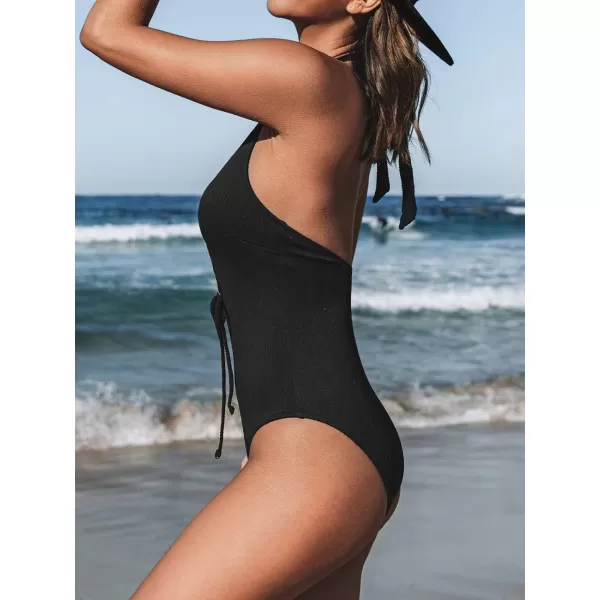 imageCUPSHE Womens One Piece Halter Deep V Neck Tie Front Lace Up Ribbed Low Back SwimsuitBlack