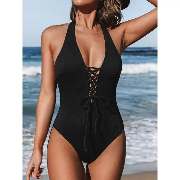 imageCUPSHE Womens One Piece Halter Deep V Neck Tie Front Lace Up Ribbed Low Back SwimsuitBlack