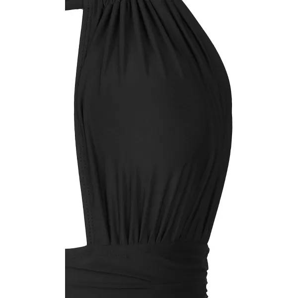 imageCUPSHE Womens One Piece Halter Neck Cutout Front Tummy Control Ruched Sides SwimsuitBlack