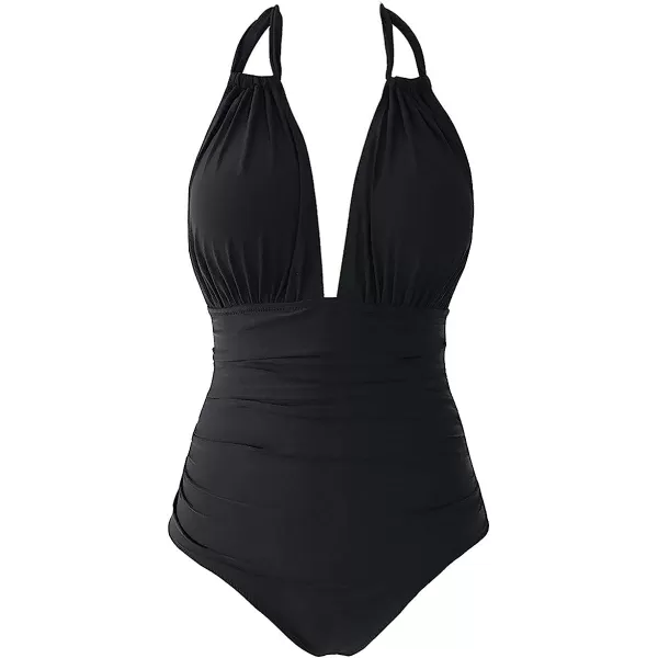 imageCUPSHE Womens One Piece Halter Neck Cutout Front Tummy Control Ruched Sides SwimsuitBlack