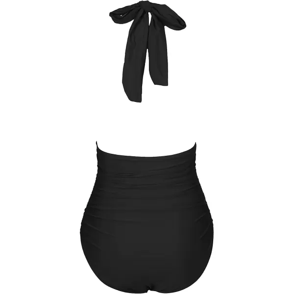 imageCUPSHE Womens One Piece Halter Neck Cutout Front Tummy Control Ruched Sides SwimsuitBlack