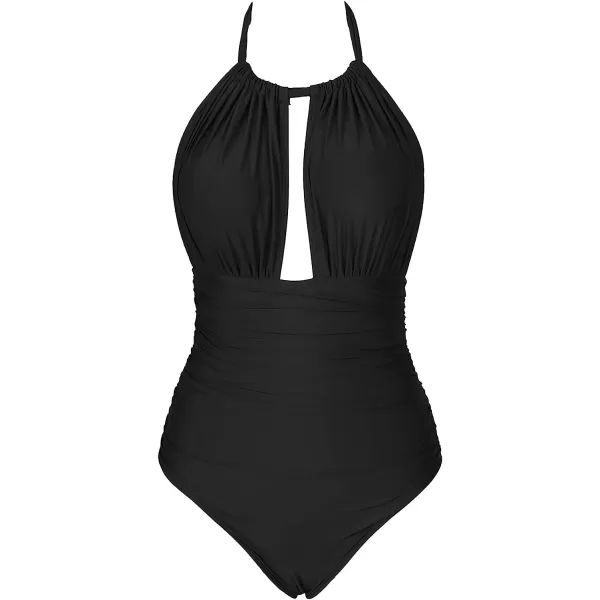 imageCUPSHE Womens One Piece Halter Neck Cutout Front Tummy Control Ruched Sides SwimsuitBlack