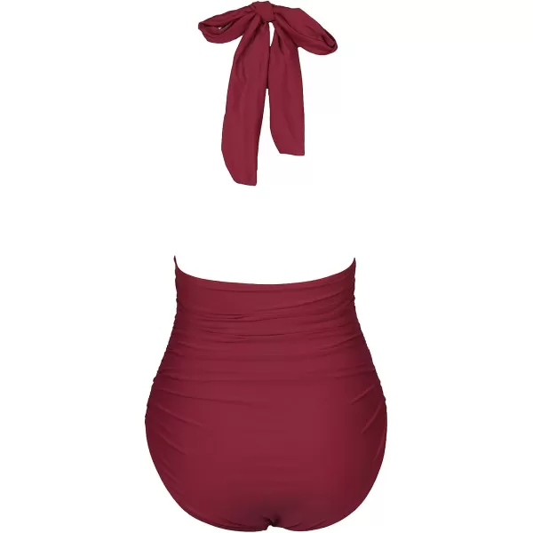 imageCUPSHE Womens One Piece Halter Neck Cutout Front Tummy Control Ruched Sides SwimsuitWine Red