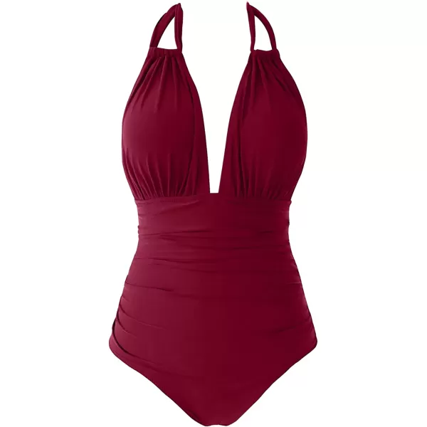 imageCUPSHE Womens One Piece Halter Neck Cutout Front Tummy Control Ruched Sides SwimsuitWine Red