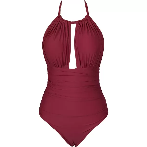imageCUPSHE Womens One Piece Halter Neck Cutout Front Tummy Control Ruched Sides SwimsuitWine Red