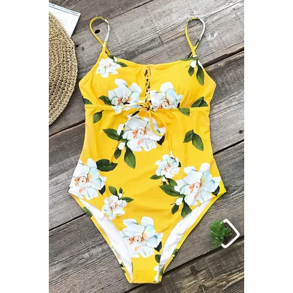 imageCUPSHE Womens One Piece Lace Up Yellow Floral SwimsuitCUPSHE Womens One Piece Lace Up Yellow Floral Swimsuit