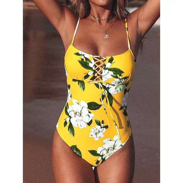 imageCUPSHE Womens One Piece Lace Up Yellow Floral SwimsuitCUPSHE Womens One Piece Lace Up Yellow Floral Swimsuit