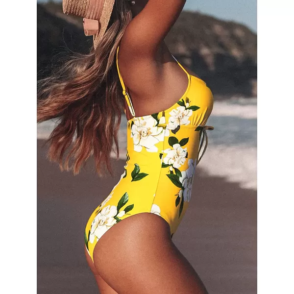 imageCUPSHE Womens One Piece Lace Up Yellow Floral SwimsuitCUPSHE Womens One Piece Lace Up Yellow Floral Swimsuit