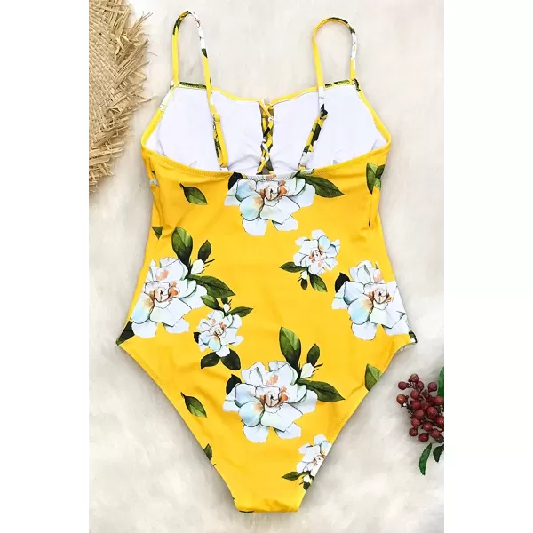 imageCUPSHE Womens One Piece Lace Up Yellow Floral SwimsuitCUPSHE Womens One Piece Lace Up Yellow Floral Swimsuit