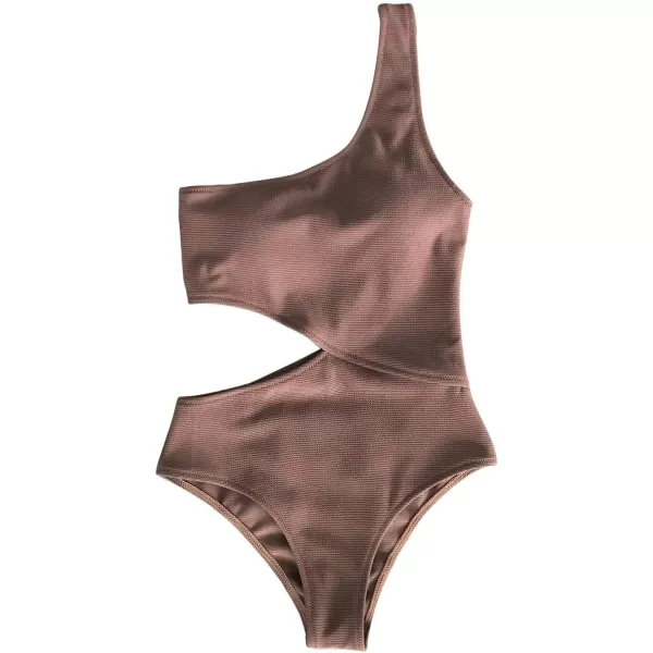 imageCUPSHE Womens One Piece Ribbed Cut Out Side One Shoulder SwimsuitCoffee