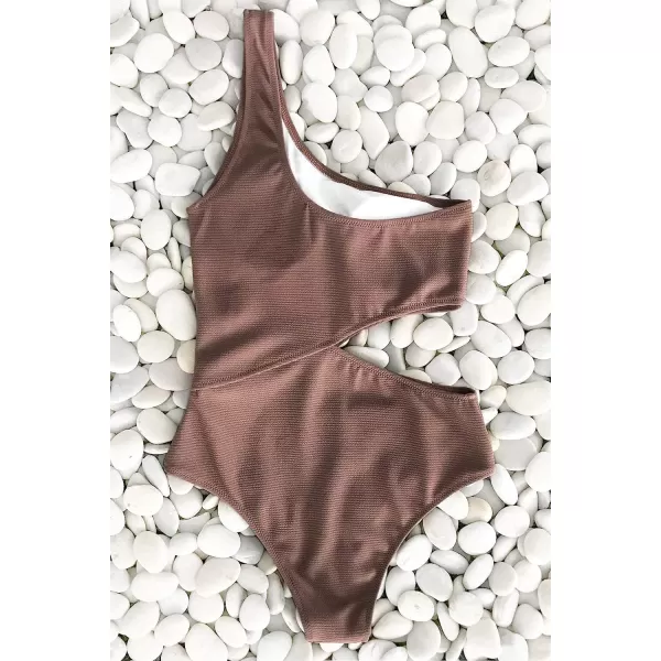 imageCUPSHE Womens One Piece Ribbed Cut Out Side One Shoulder SwimsuitCoffee