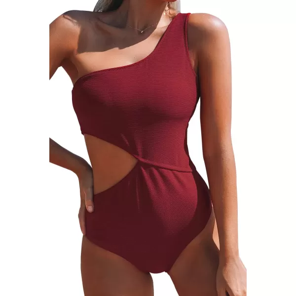 imageCUPSHE Womens One Piece Ribbed Cut Out Side One Shoulder SwimsuitRed