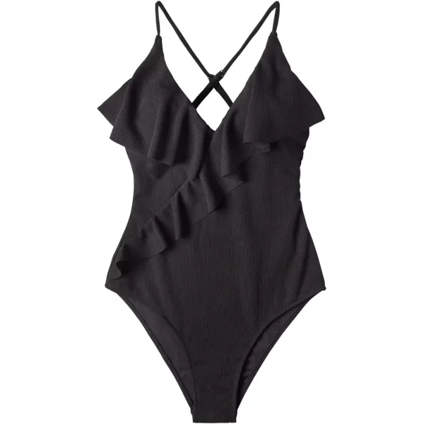 imageCUPSHE Womens One Piece Ruffle Wrap Textured Beach SwimsuitBlack